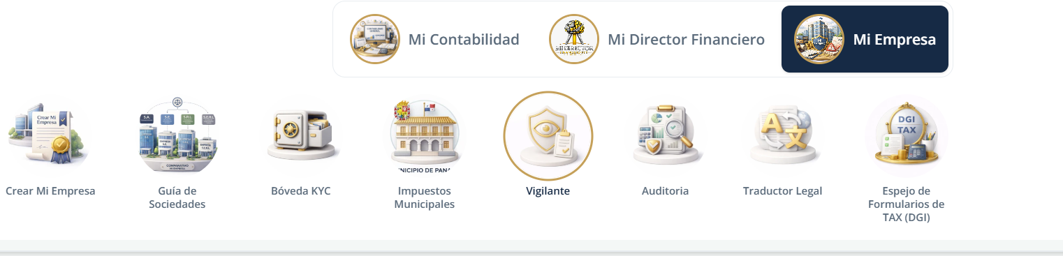 Mi Empresa — Crear empresa, Vigilante, Impuestos Municipales, Espejo DGI